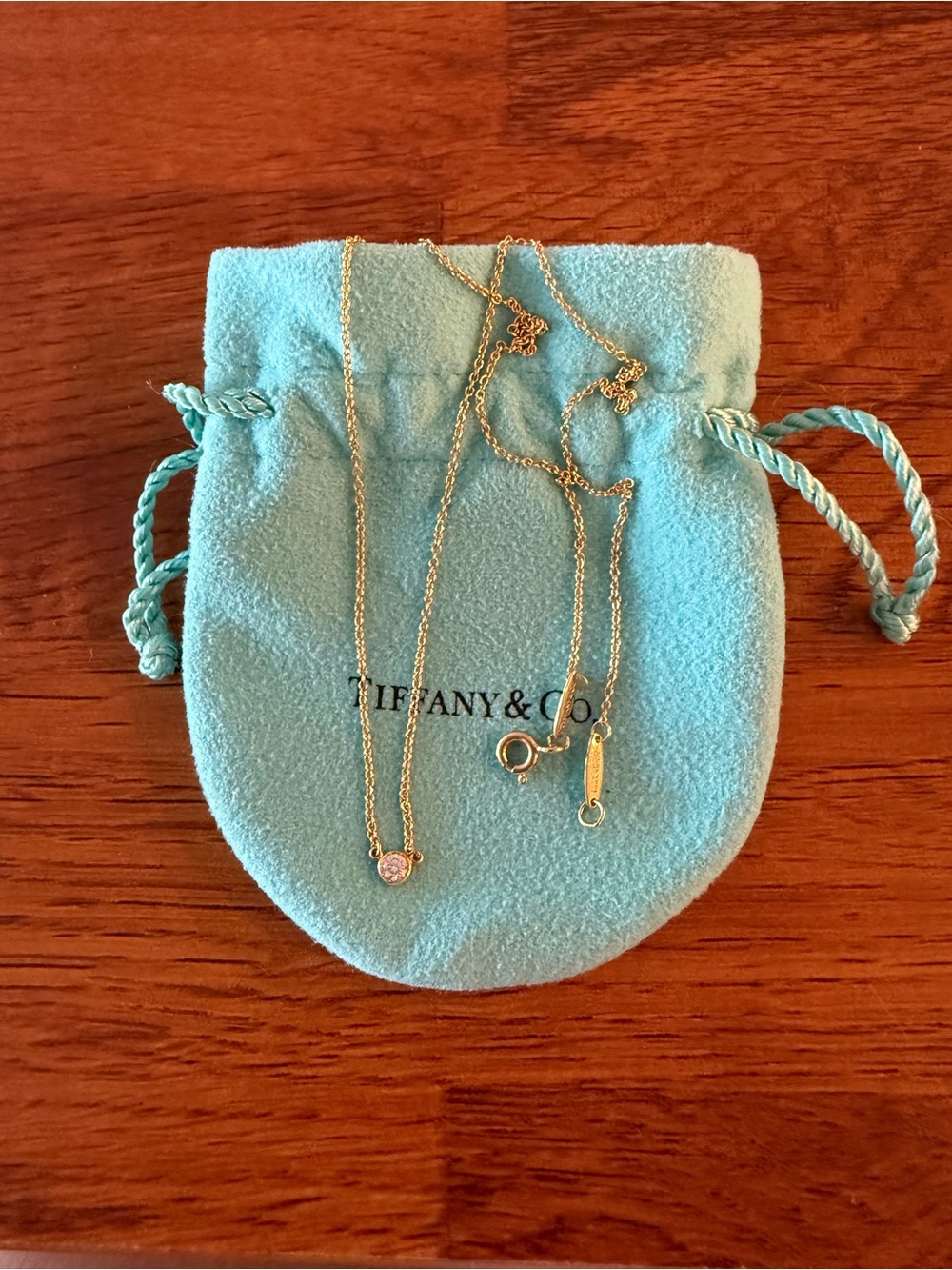 Tiffany & Co. Yellow Gold Solitaire Necklace — Blue Green Pouch
